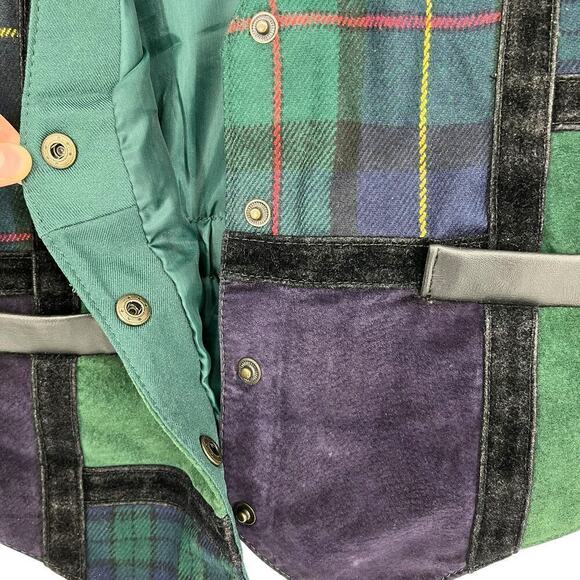 Vintage 90’s Learsi Vest Suede Leather Plaid Patchwork Green Small - Picture 6 of 9